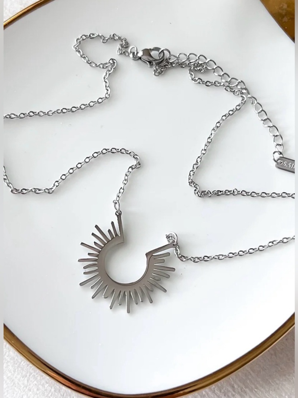 Sterling Silver Sunburst Pendant Necklace - Stainless Steel - Picture 4 of 8